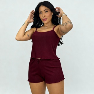 Kit 2 Pijama Regata Alça Short Doll Canelado Feminino Confortável Casual em Oferta na Shopee
