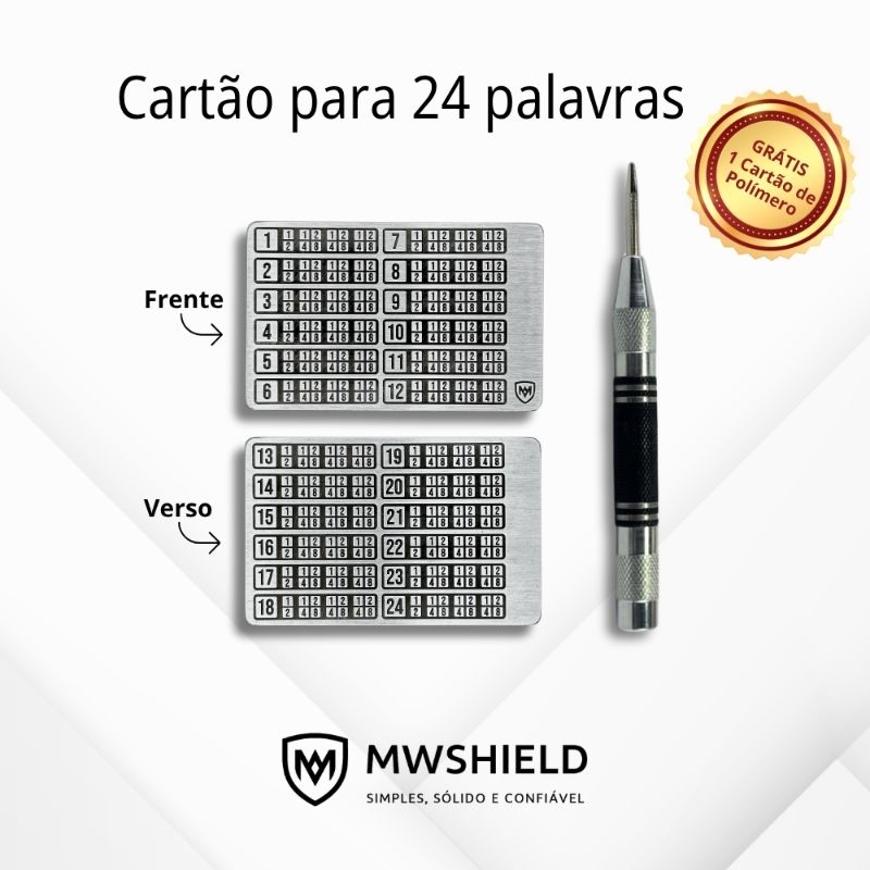 Carteira de Metal Bitcoin BIP 39 | Kits cartão 24 palavras + punção | Cold Wallet p/ Seed Pharse