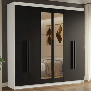 Guarda-Roupa Casal 6 Portas Batentes com Espelho Branco/Preto/Preto Venus Madesa em Oferta na Shopee