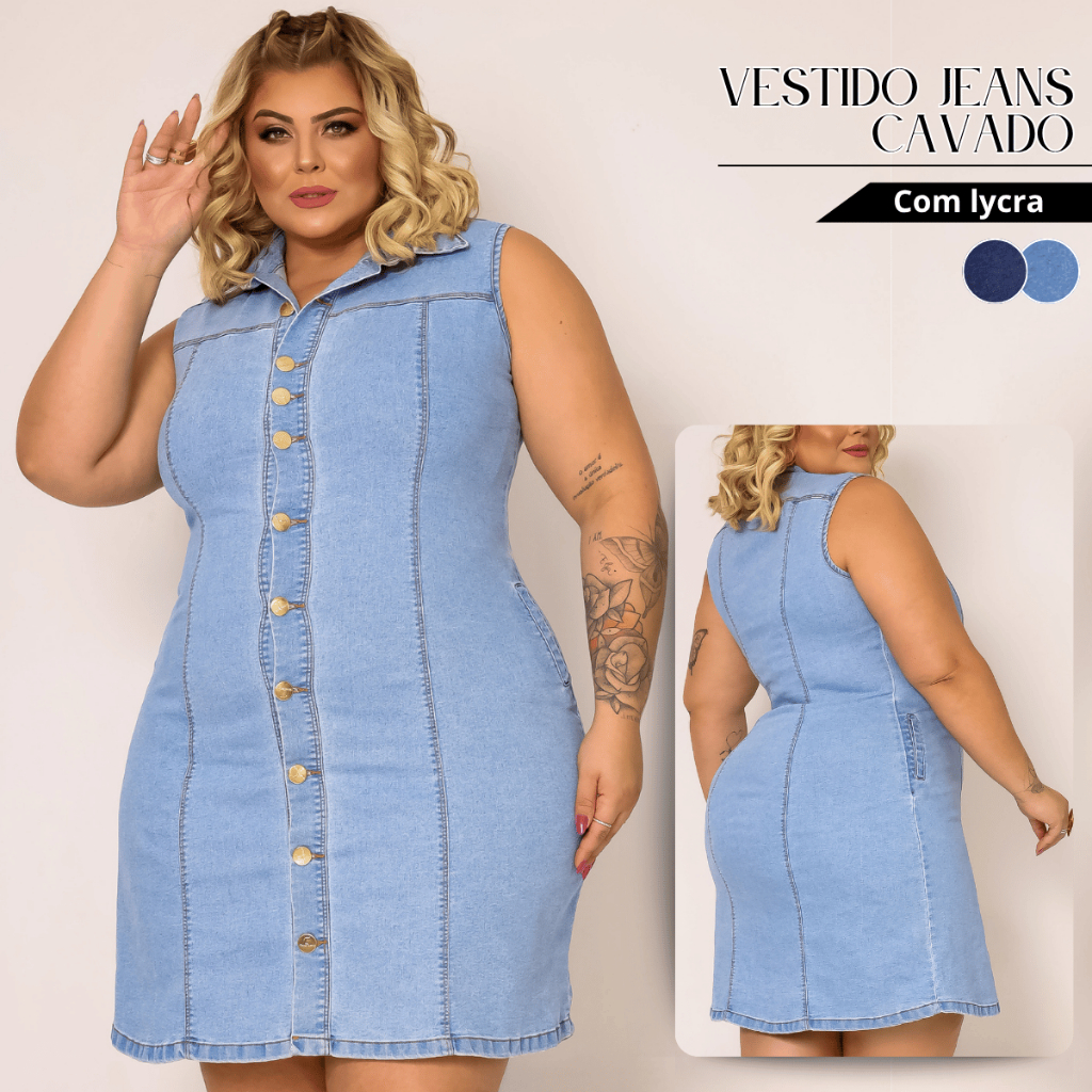 Vestido Jeans Plus Size Feminino Lycra Casual Soltinho Mulher