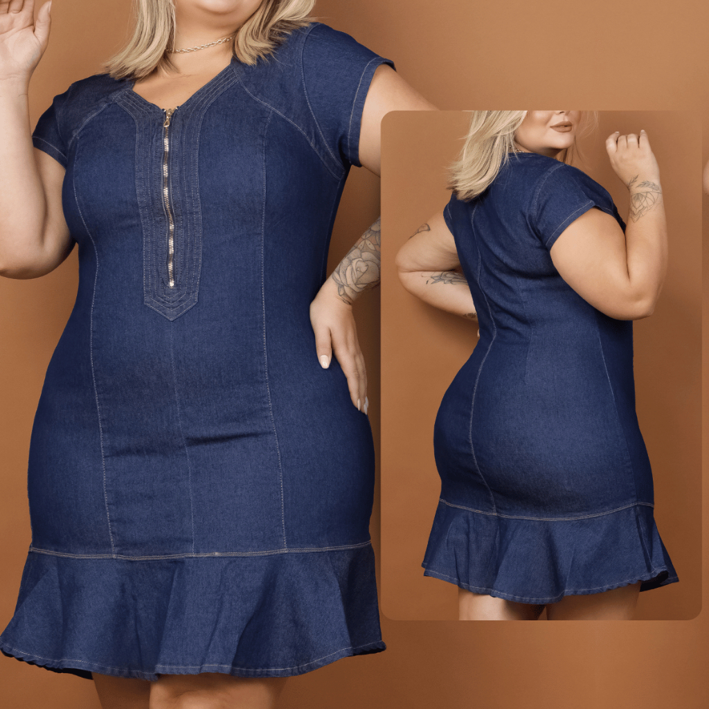 Vestido Plus Size Jeans Peplum Com Lycra Ziper Moda Maior Senhora