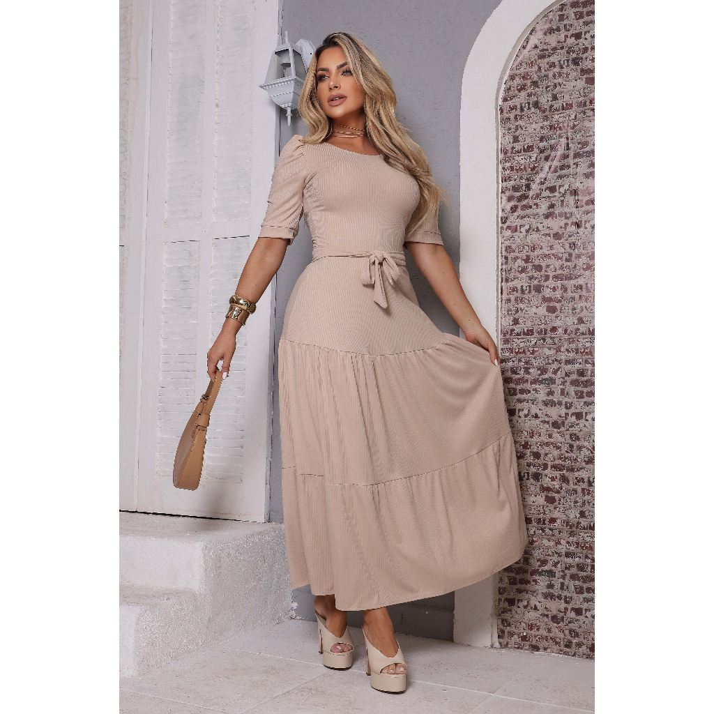 Vestido Longo Feminino Evangélico Elegante No Canelado Manga Bufante ...