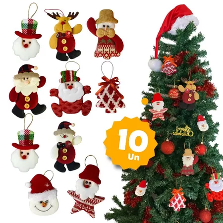 Enfeite de natal pelúcia kit 10/12 unidades variadas papai noel rena boneco neve árvore natal pendentes natalinos luxo
