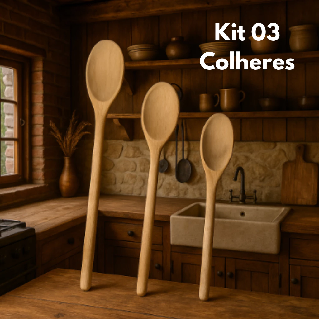 Kit 03 Itens Colher de Pau Madeira Para Cozinha Com Cabo Liso 32cm 26cm e 24cm