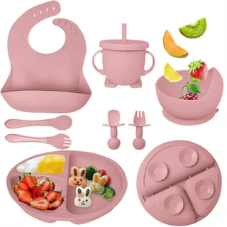 kit 8/6 Peças Talheres alimentação bebê silicone kit Talheres Infantil Com Ventosa Canudo Colher Babador Garfo em Oferta na Shopee