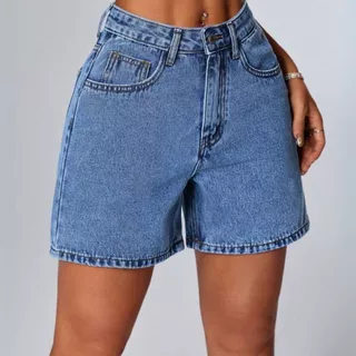 Bermuda Short Mom Jeans Feminino Cintura Alta Com Bolso Funcional