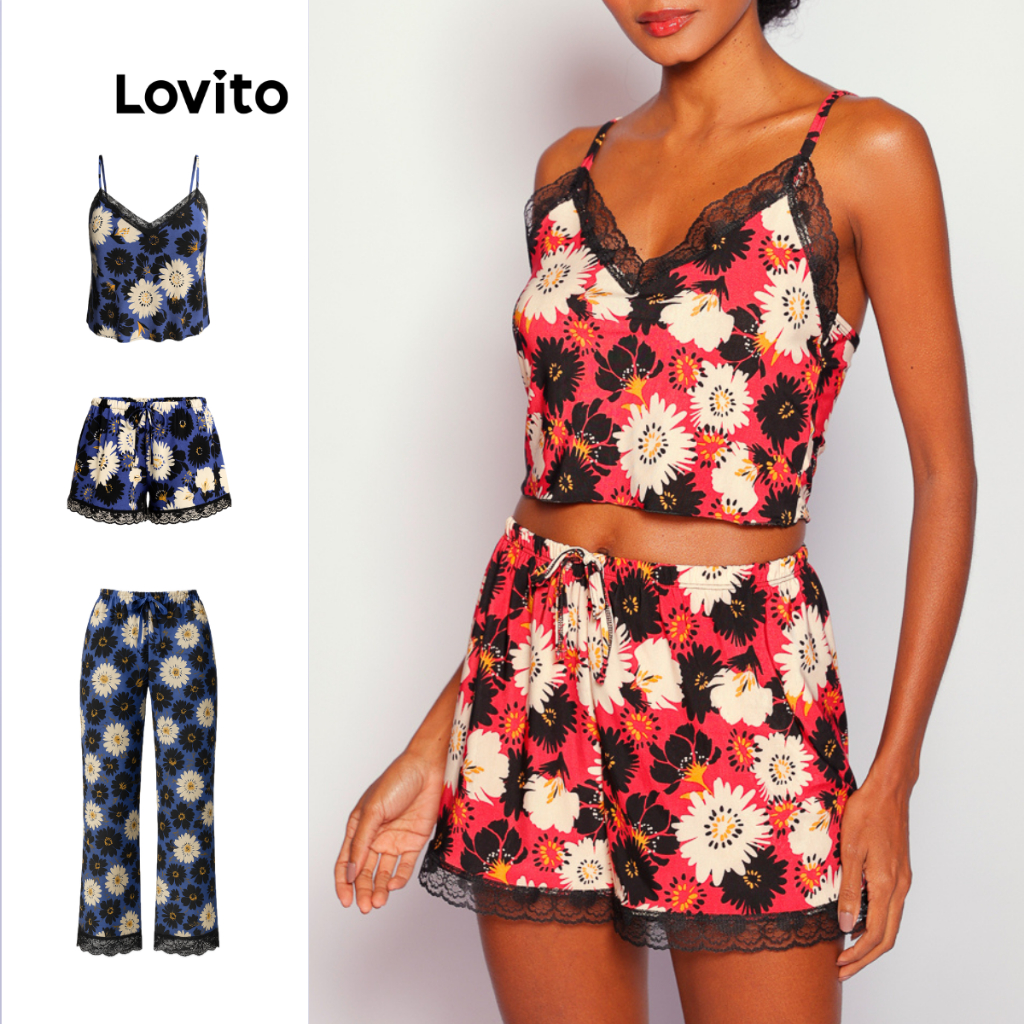 Lovito Pijama Conjunto 3 peças Longo e Curto Floral para Mulheres LB796BRL826