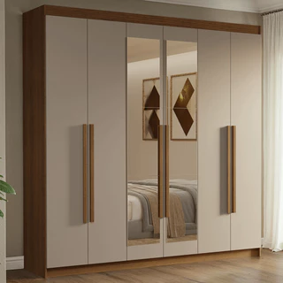 Guarda-Roupa Casal 6 Portas Batentes com Espelho Rustic/Crema/Rustic Venus Madesa em Oferta na Shopee