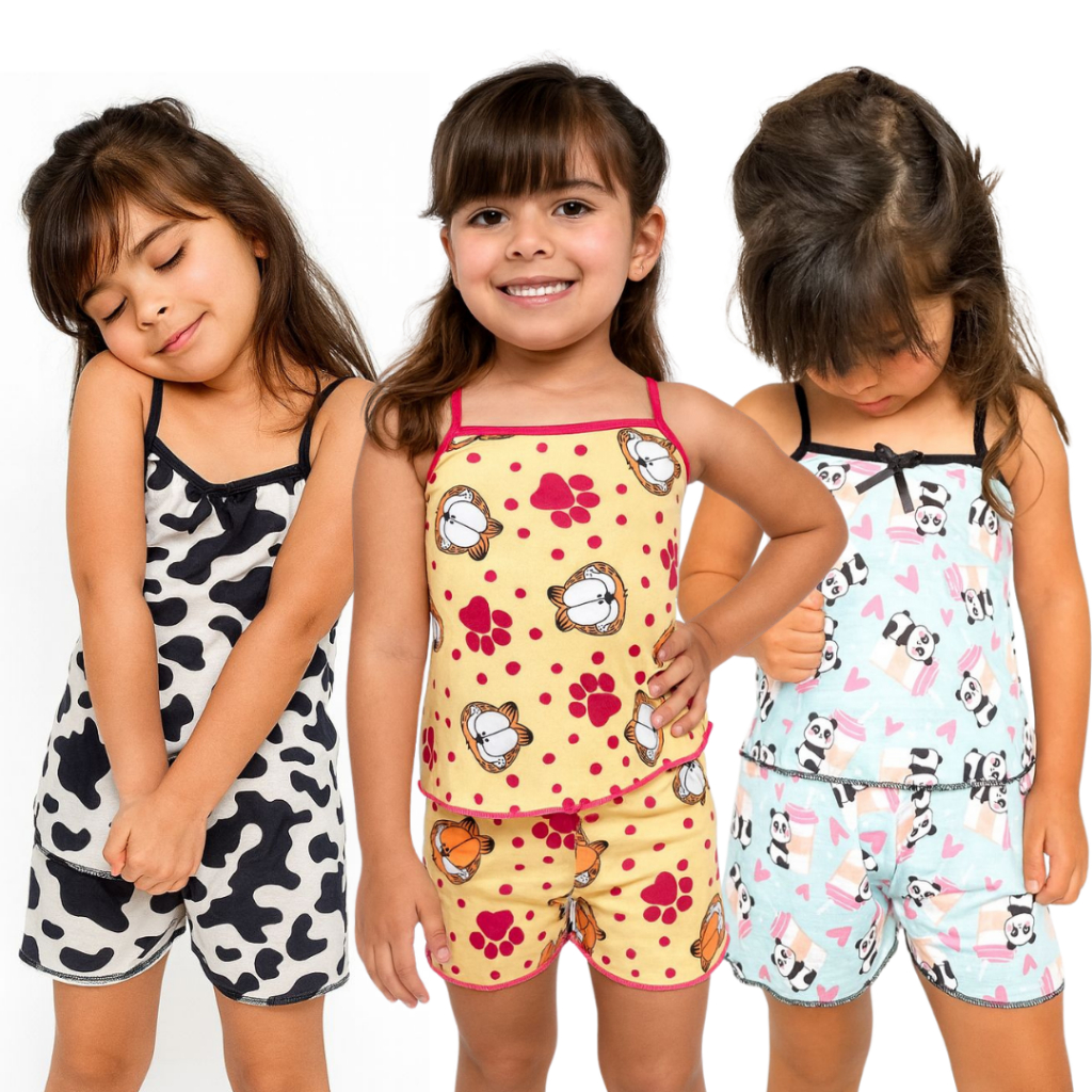 Kit 3 Pijama Criança Infantil Short Dool e Baby Doll Menina Verão Juvenil Menininha Estampadinho Garota OFERTA em Oferta na Shopee