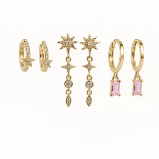 Kit Trio de Brincos (3 Pares) – Banhado a Ouro/Prata, Estilo Estrela & Pingente Retangular