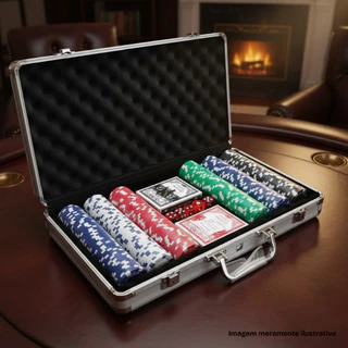 Maleta Jogo Poker Profissional 300 Fichas Numeradas, 2 Baralhos, 5 Dados - Kit Completo Cassino Luxo