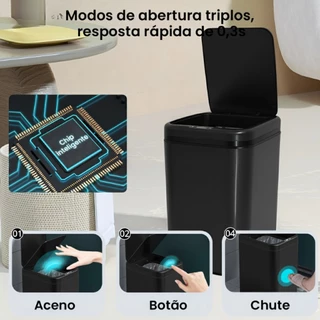 Lixeira Automática Sensor Inteligente Recarregável Higiênica Casa Escritório Cozinha Preto 16 Litros