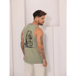 Regata cavada normal estampada masculino verão com costura malha lavada estonada