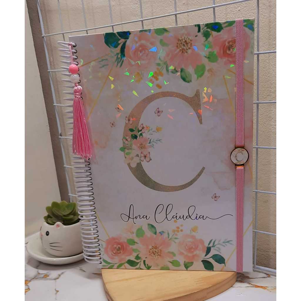 Caderno Universitário 10 matérias Floral personalizado capa holográfica