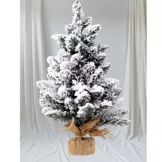 Árvore de Natal Cheia Luxo Pequena Decoração 60cm Nevada Flocos de Neve Com Base Em Madeira e Juta