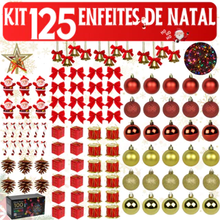 Kit 125 Enfeites Árvore De Natal Bolinhas Pendentes Pisca Pisca Laços Decoração Natalina Papai Noel