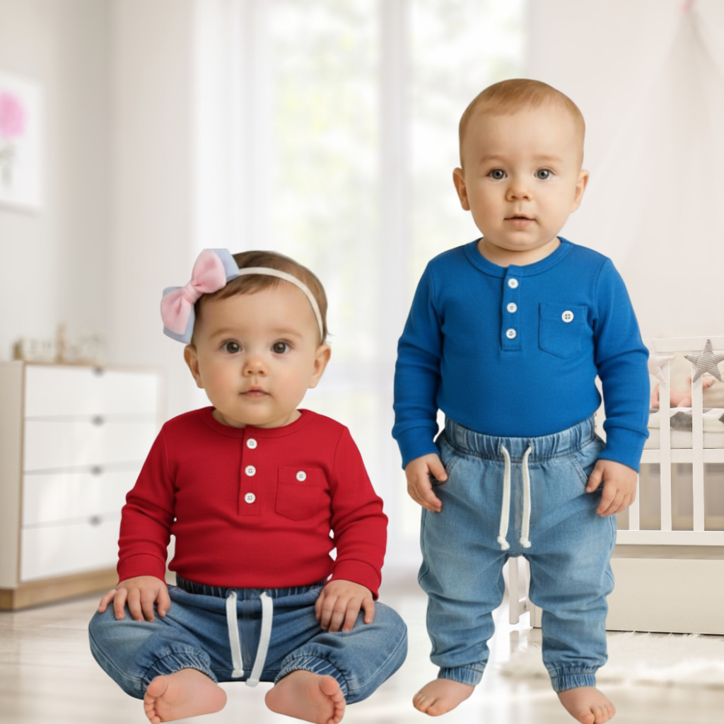 Conjunto de Bebê sendo Body Manga Longa com Bolso e Calça Jeans Saruel Desbotada kit Criança Natal em Oferta na Shopee