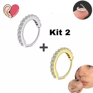 Kit 2 Piercing Nariz Cartilagem de Argolas Cravejadas Com Zircônia Prata e Dourado KA209