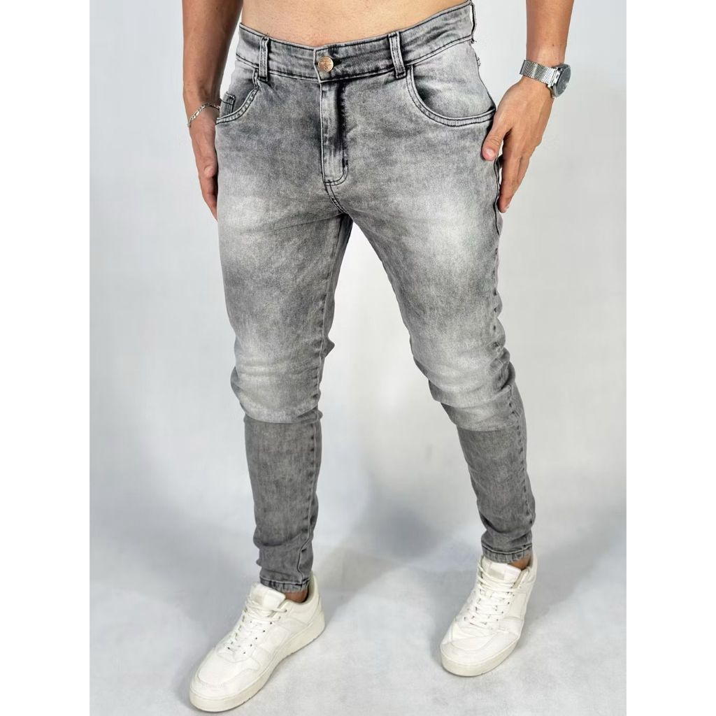 Calça Jeans Masculina Skinny Slim Estonada Cinza / Stretch | Shopee Brasil
