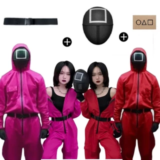Fantasia Round 6 Cosplay - 1 macacão + Máscara plástico + Cinto + Cartão Visita Vermelho Ou Rosa