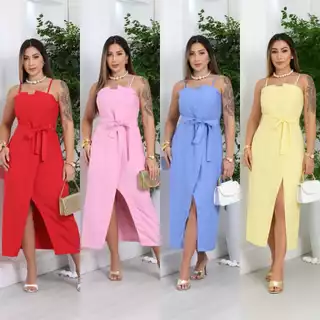 Vestido Midi Alfaiataria Marrant com Bojo e Cinto – Elastex nas Costas e Alças Reguláveis - Elegância e Sofisticação