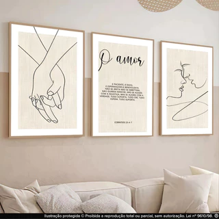 Kit Quadros Decorativos 3 Peças Versículo Biblíco Coríntios 13 4-7 O Amor sala quarto escritório decoração casal moderna