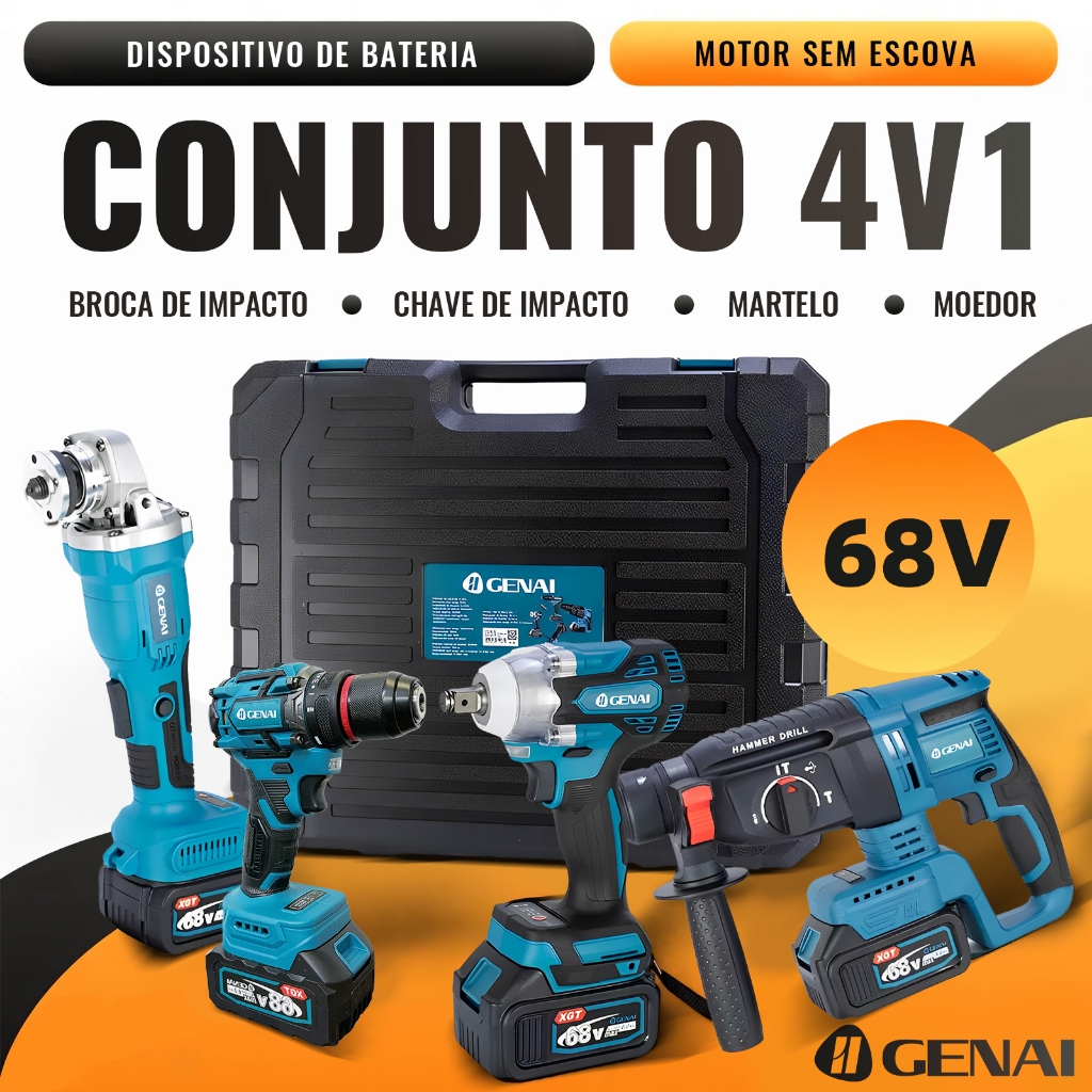 GENAI】Conjunto 4 em 1 68V / furadeira, chave de fenda / chave de