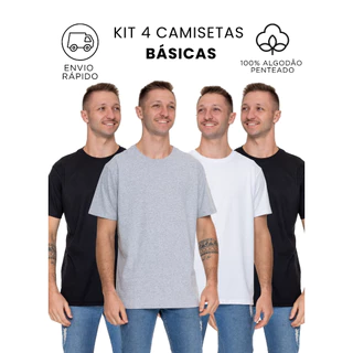 Kit 4 Camiseta Camisa Blusa Algodão Lisa Masculina Casual
