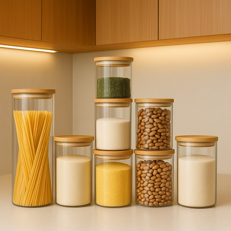 Kit Potes de Vidro Hermético com Tampa Bambu Porta Mantimentos De Cozinha e Condimentos