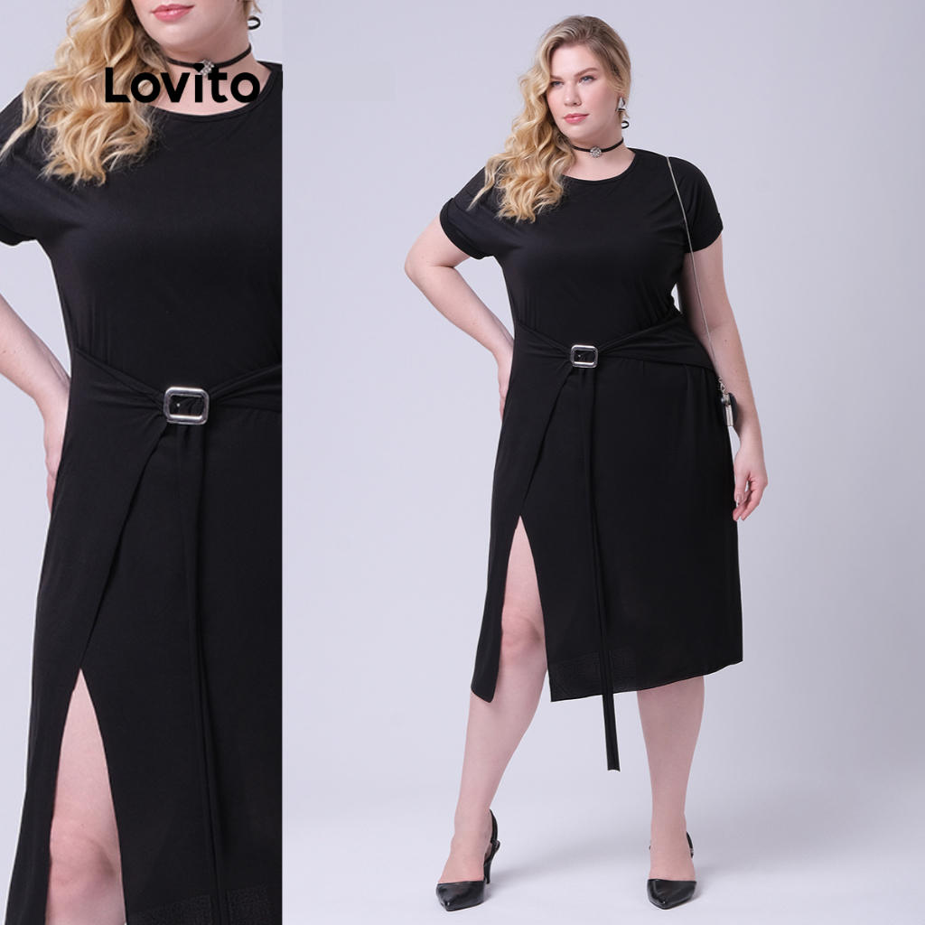 Lovito Vestido Plus Size Manga Curta Midi com Fivela Basico Feminino LB292BRL321