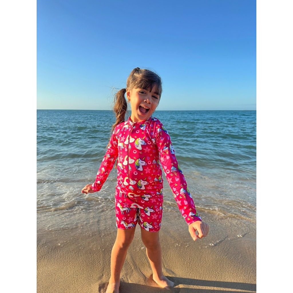 Roupa de Praia Infantil Menina Macaquinho UV Manga Longa Proteção 50 ...