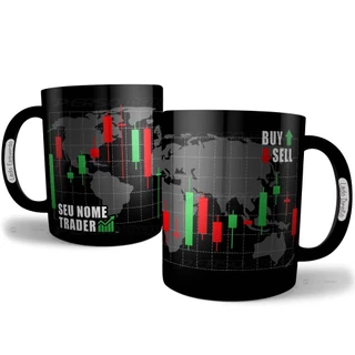 Caneca Trader Preta Personalizada com Nome Xícara Presente Investidor Buy Sell Candles Bolsa B3 BTC