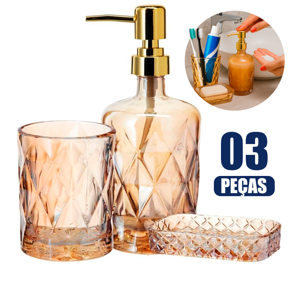 Kit Banheiro Lavabo Porta Sabonete liquido Dispenser e Porta Escova de ...