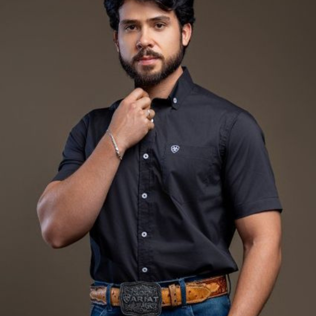 CAMISA MANGA CURTA DA ARIATT PRETA LISA XADREZ COUNTRY COWBOY COWNTRY ...