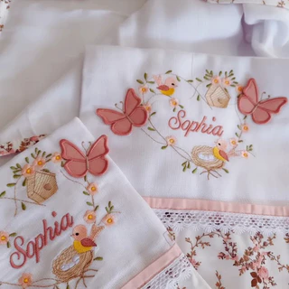 Kit Fralda de Boca e Fralda de Passeio Bordadas Personalizadas Nome do Bebê Enxoval Luxo Jardim