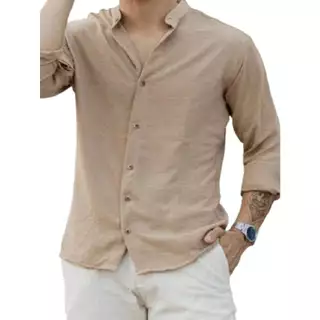 Camisa Linho masculino Manga longa Gola padre Qualidade premium Lançamento 2024