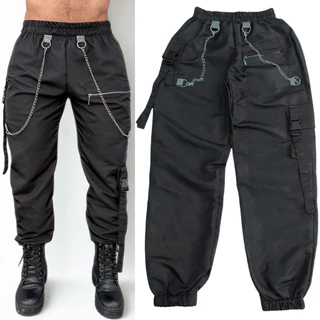 Calça Streetwear com Correntes Masculina Kpop Rock Punk e Dança Festa Única