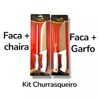 Kit 4 Peças Churrasco Faca Açougueiro Chaira Amolador Afiador Carnes Legumes Aço Inox Assador Profissional, Faca Cozinha