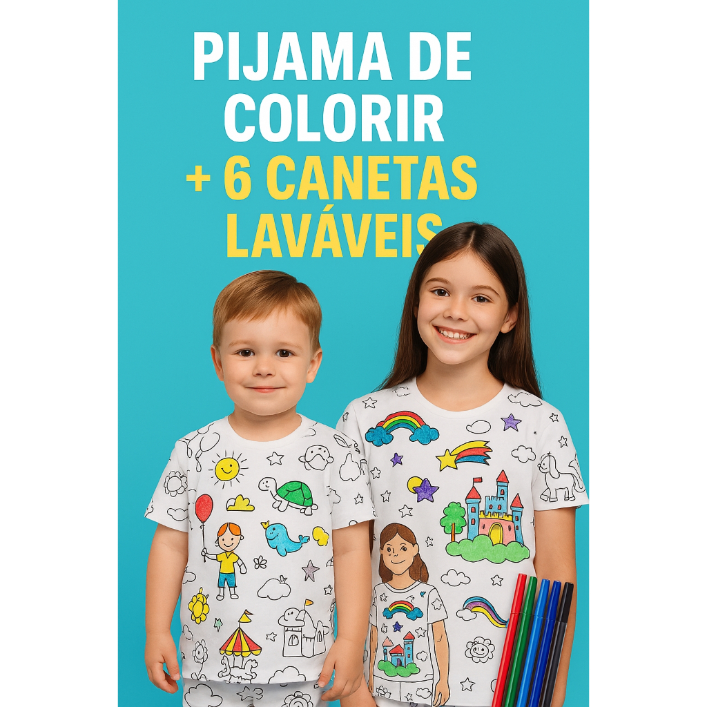 Pijama Infantil Manga Curta Com Canetinha Lavável Kit Para Colorir Divertido Estampado Personagens em Oferta na Shopee