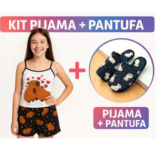 kit pijama juvenil feminino + pantufa baby doll capivara adolescente infantil menina roupa de dormir em Oferta na Shopee
