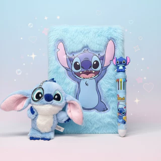 Kit Stitch Caderno Pelúcia 78 Folhas Caneta 10 Cores E Chaveiro Fofo Promo