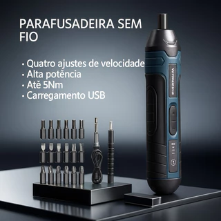 Parafusadeira Elétrica Recarregável com LED + Kit de Pontas 4 Velocidades 1300mAh USB – Preta e Azul