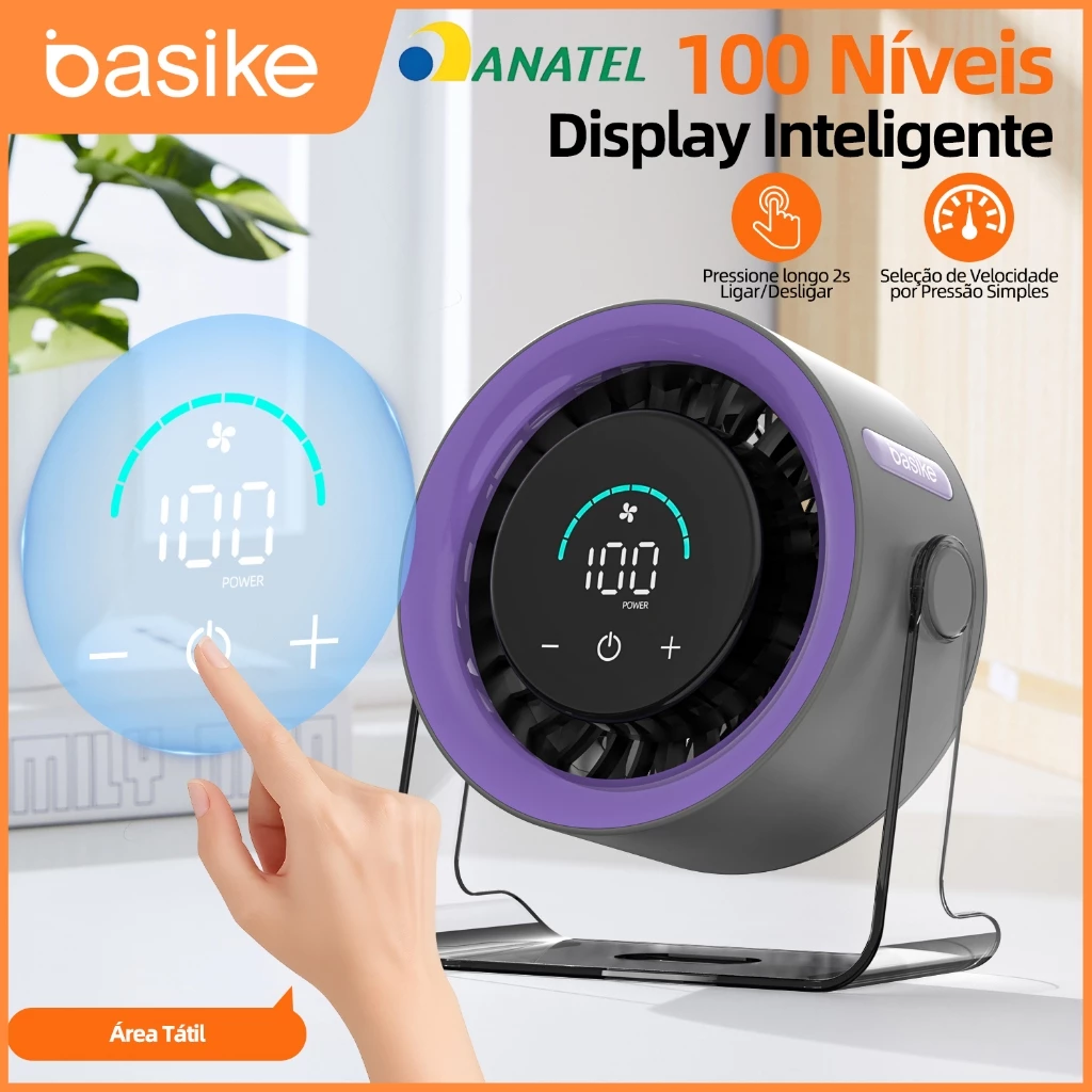 BASIKE Ventilador Mesa 100 Níveis Display Digital 5000mAh Bateria 7H Silencioso 30dB USB