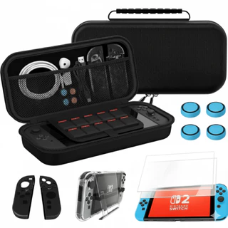 Kit Completo Blindagem Switch 2 Case Rígido + Película Temperada + Capa Transparente + 4 Grips