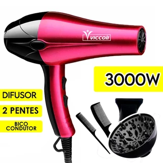 Secador de Cabelo Profissional 3000W Viccoli + Difusor + Bico e 2 Pentes 110V 220V