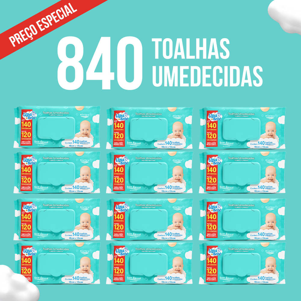 1680 Toalhas Umedecidas Sem Álcool /12 Pacotes - Upa Bebê Neném Menina Menino
