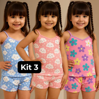 KIT 3 Pijama Infantil Feminino de Alcinha Estampado Baby Doll de Suede em Oferta na Shopee