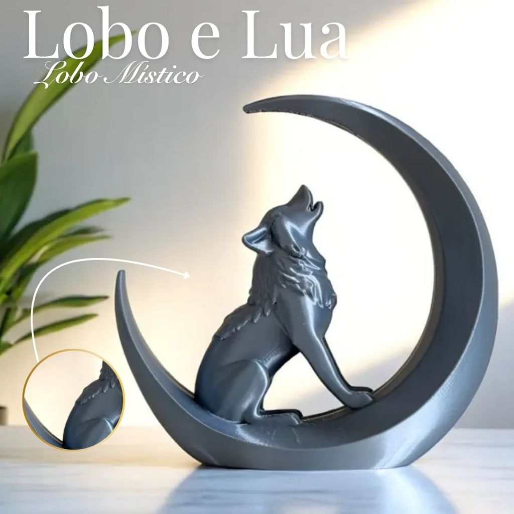 🌕🐺 Escultura Lobo e Lua – Decoração – Estátua Mística, Poderosa e Inspiradora