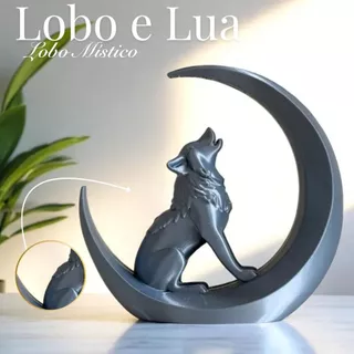 🌕🐺 Escultura Lobo e Lua – Decoração – Estátua Mística, Poderosa e Inspiradora