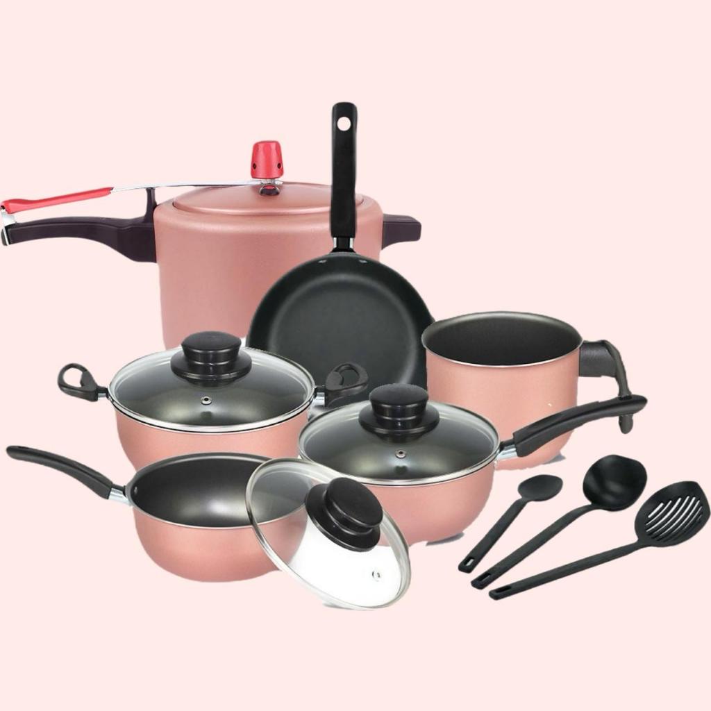Jogo De Panelas Elegan 9 Peças Rosa Com Panela De Pressão 4,5 Litros ...